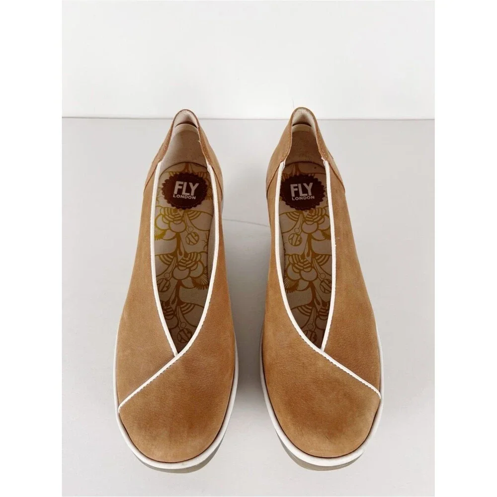 Fly London Yuca Tan Leather White Trim Wedge Slip-On Platform Size 10-10.5